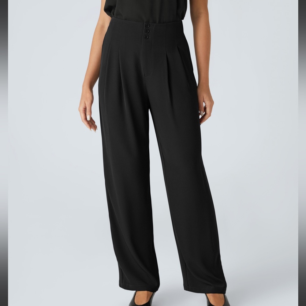 High Waisted Button Plicated Side Pocket Straight Leg Work Pants